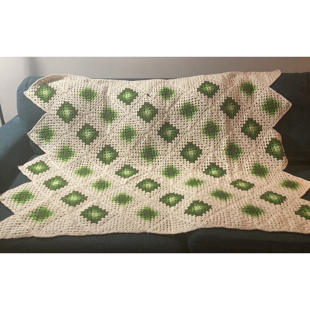 Vintage Granny Square Blanket Afghan Green White Roseanne